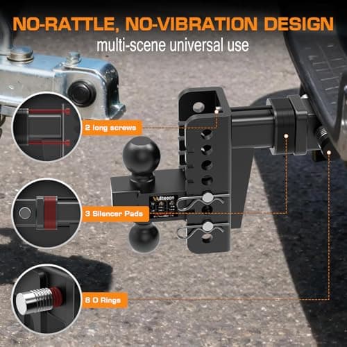Vullteeon Adjustable Trailer Hitch, Drop Hitch for 2 Inch Receiver, 6" Drop/Rise, (2" & 2-5/16") Ball Hitch for Truck, 20000 LBS GTW, Slot-Fit & Anti-Rattle Design Trailer Hitches, Anti-Theft Pin — view 3