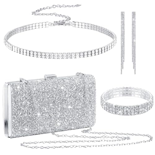 Kigeli 4 Pieces Women Rhinestone Evening Clutch Bag Bling Earring Necklace Bracelet for Wedding Graduation Prom(Silver)