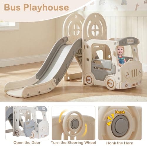 OLAKIDS Toddler Slide and Swing Set, 5 in 1 Bus Themed Baby Slide with Climber Basketball Hoop Car Playhouse for Indoor Outdoor Boys Girls Aged 3+ (Grey) — view 5