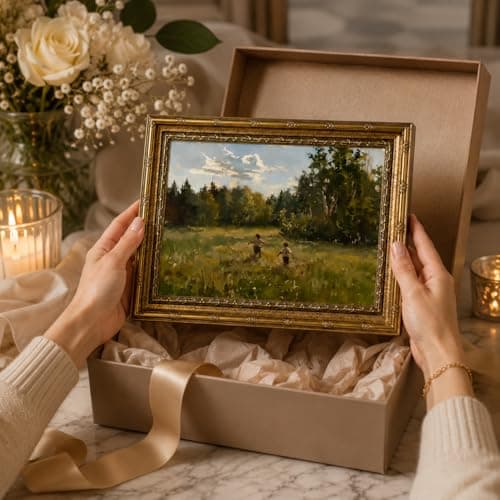 Canvas Wall Art Framed - Kids in Summer Field Landscape Painting, Vintage Gold Framed Picture Poster Prints Artwork for Home Wall Decor,12x16 Inch — view 7