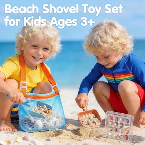 2 Pack Beach Sand Sifter with Seashell Bags & Shell Display Case, Beach Toys for Kids Beach Seashell Collecting, Seashell Beach Shovels for Boys and Girls