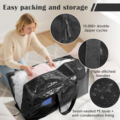RMOHRO 6 Pack Moving Bags with Full-Open Side Zipper, Extra Large 93L Heavy Duty Waterproof Foldable Storage Totes for College Dorm, Moving & Home Organization Black — view 2