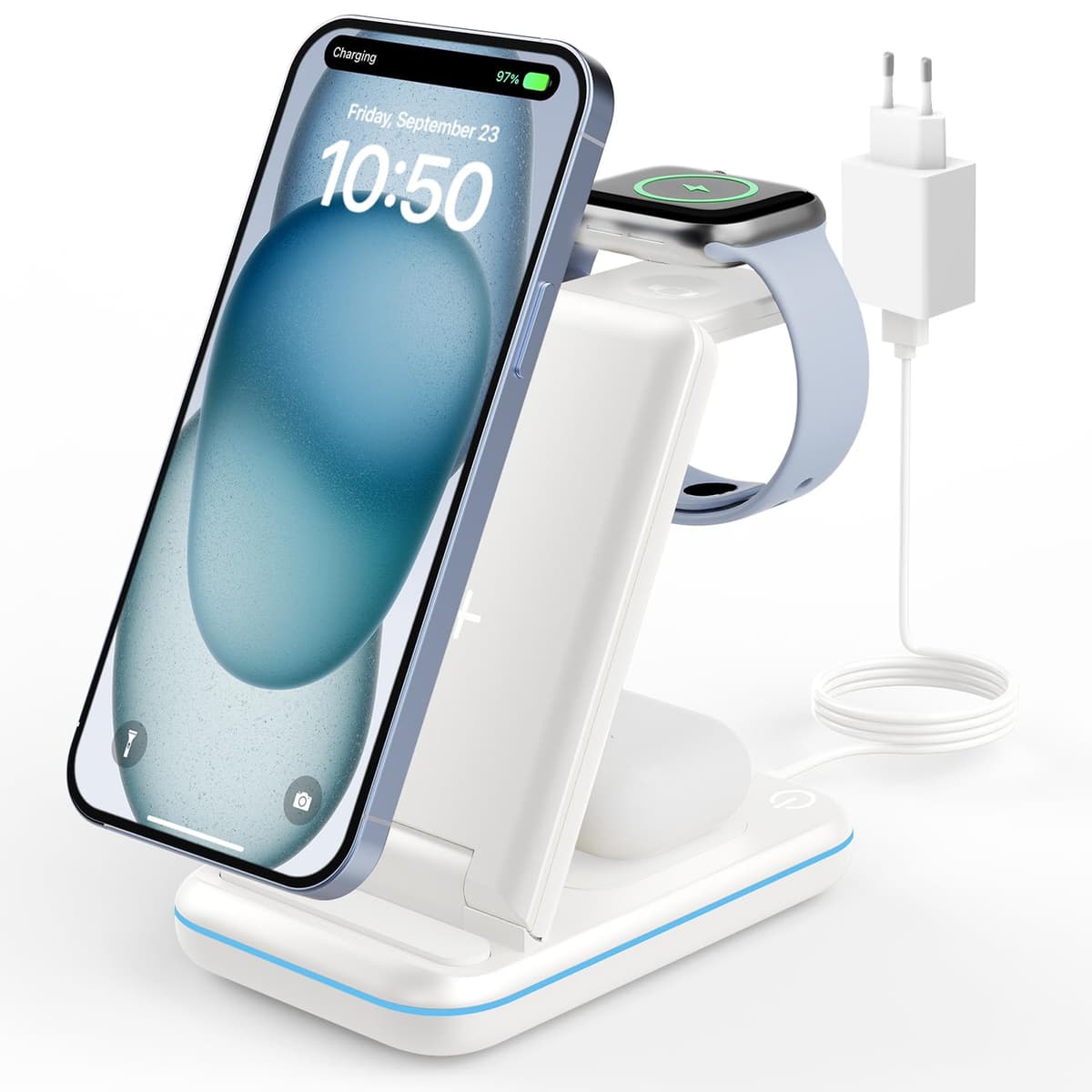 JoyGeek Cargador Inalámbrica, Plegable 3 en 1 Base Cargador para i Phone 17/16/15/14/13/12/Plus/Pro MAX, Estación de Carga para AppleWatch Ultra-2, Rapida Wireless Charger para AirPods 4/Pro/3/2-Negro — view 11