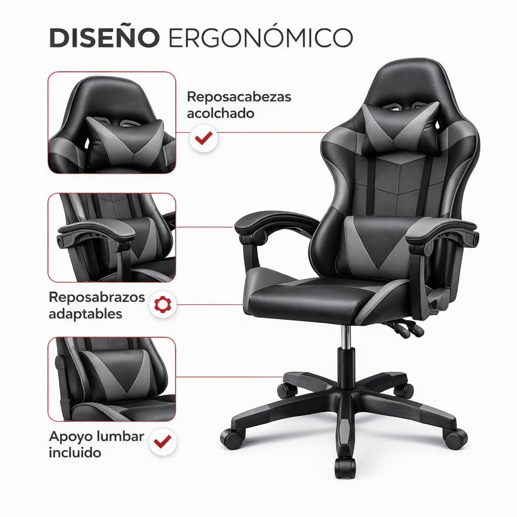 Silla Gaming Ergonómica Reclinable con Cojín Lumbar y Cervical | Altura Ajustable, Reposabrazos Acolchados, Ruedas 360° | Ideal para Oficina, Escritorio, Teletrabajo, Estudio, Juego, Ordenador — view 5