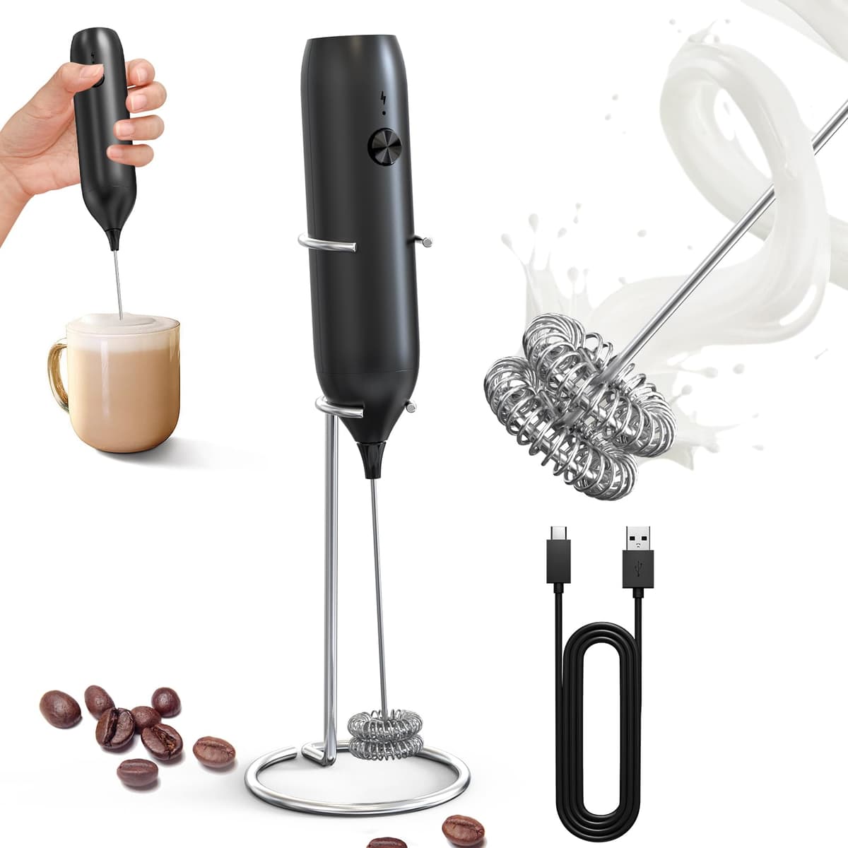 CIRCLE JOY Electric Milk Frother Handheld, Rechargeable Coffee Frother with Dual Spring Whisk, Portable Hand Frother Wand Drink Mixer for Coffee, Hot Chocolate, Cappuccino, Frappe, Matcha, Black — view 15