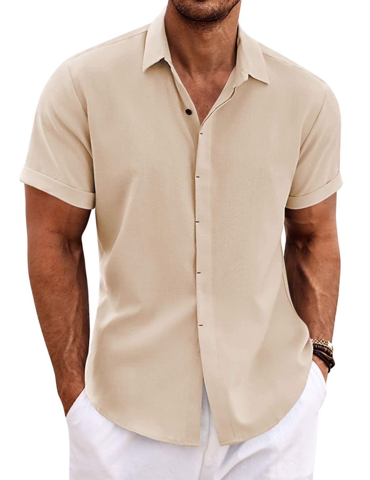 COOFANDY Men's Linen Shirts Short Sleeve Casual Shirts Button Down Shirt for Men Beach Summer Wedding Shirt — view 40
