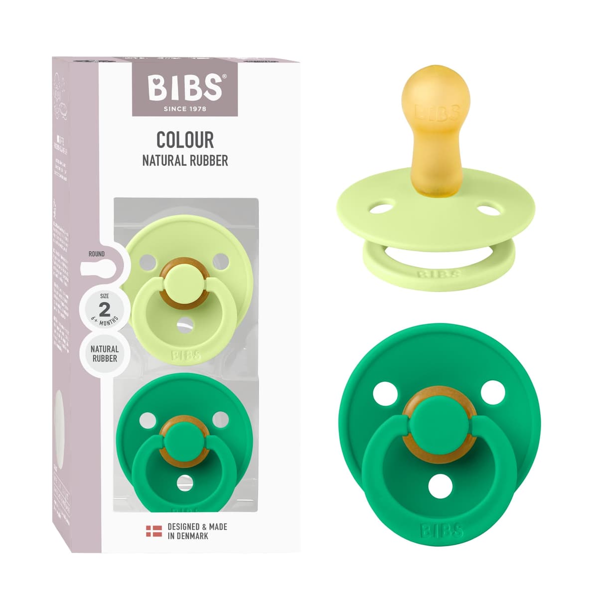 BIBS Colour Soother 2-Pack, BPA Free Dummy Pacifier, Round Nipple. Natural Rubber Latex, Size 2 (6-18 Months), Sky Blue/Steel Blue — view 146