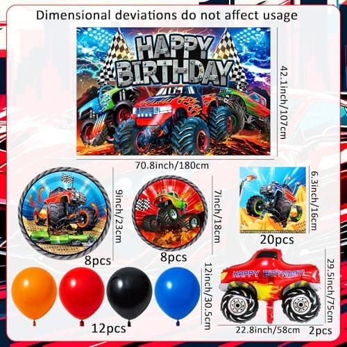 LaVenty Monster Truck Birthday Plates Napkins Monster Trucks Birthday Decoration Monster Trucks Party Supplies Monster Truck Backdrop Balloons Banner