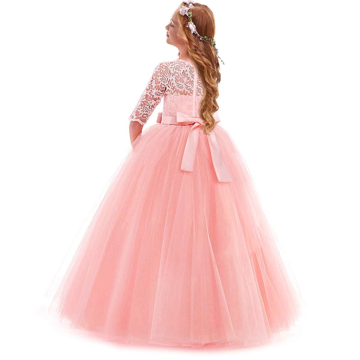 IWEMEK Flower Girls 3/4 Sleeve Floral Lace Tulle First Communion Pageant Dresses Kids Big Girls Princess Birthday Carnival Christmas Bridesmaid Wedding Party Prom Ball Gown 2-14 Years — view 3
