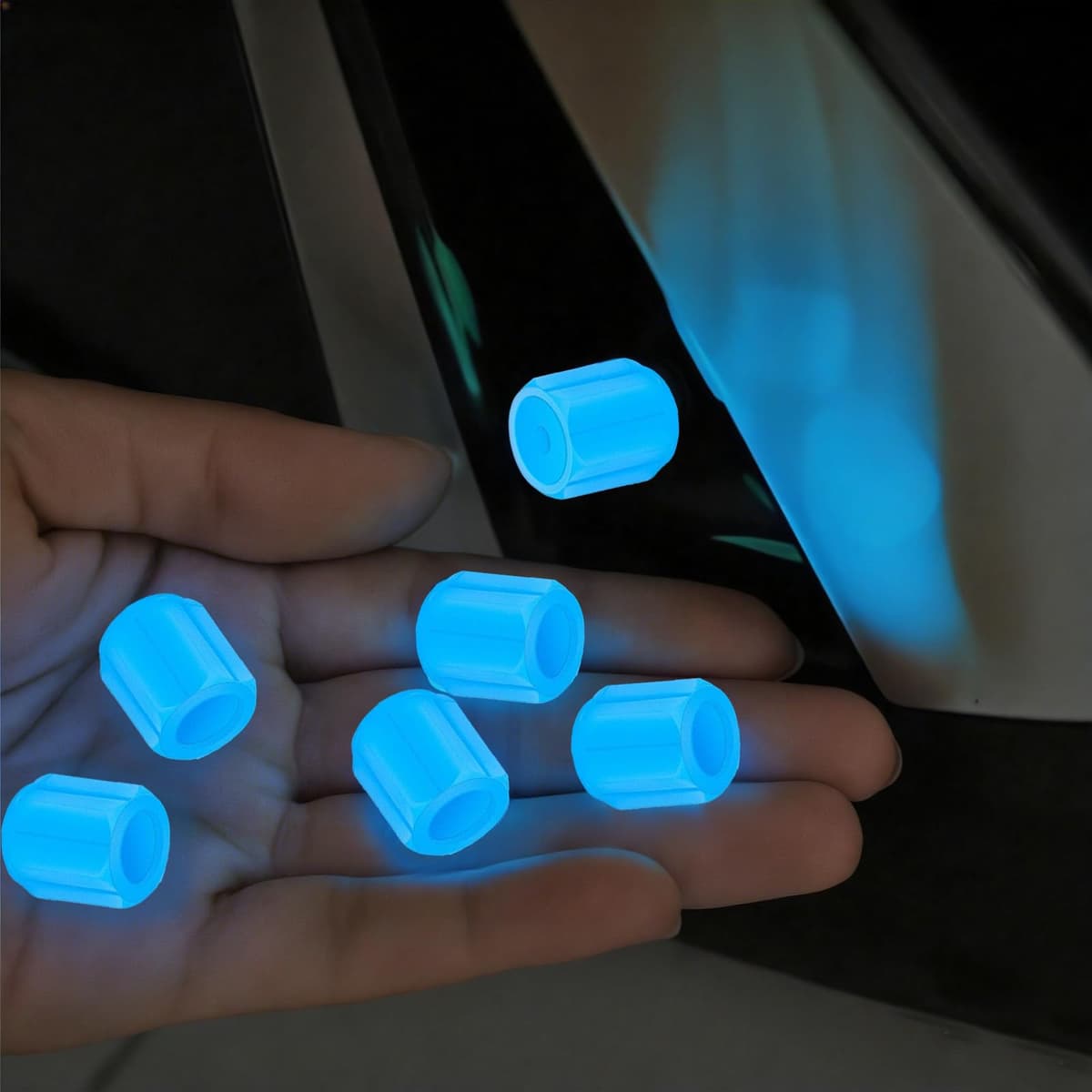8PCS Dust Caps for Car Bike Tyres Universal Fluorescent Tire Valve Caps Glow in the Dark Car Bike Wheel Stem Covers, Durable Dust Caps Fit for Car, Children's Bicycles Safe at Night (Blue) — view 3