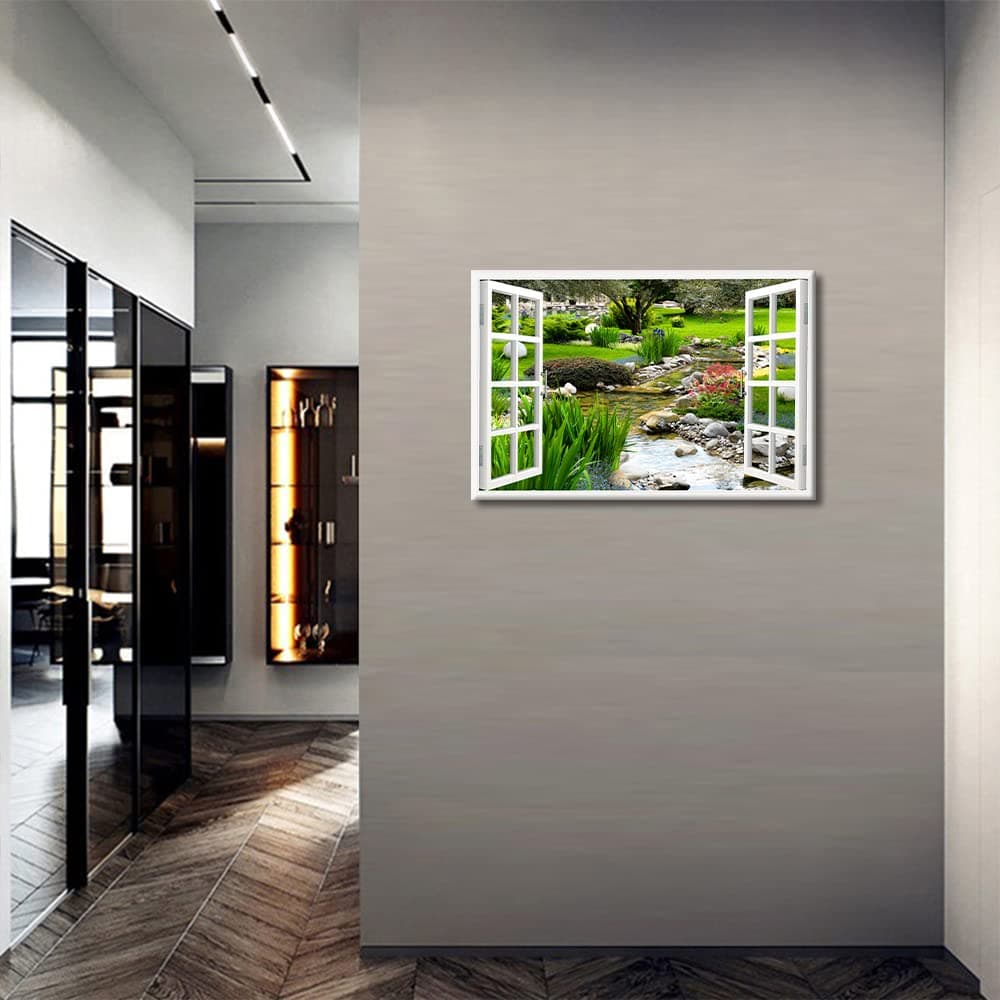 Canvas Nature Art Window View Decor for Home Clear Spring and Green Grass Out of The Open Window Creative Wall Hanging Prints for Office Home Kitchen Decorations Framed Ready to Hang (18"W x 12"H) — view 4