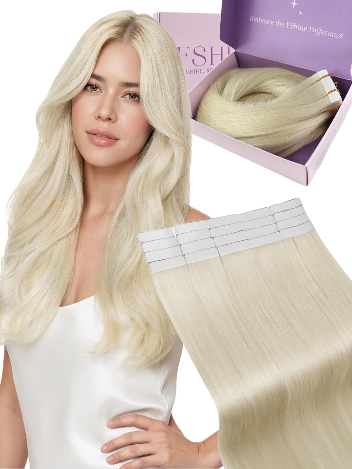 Fshine Extensiones Pelo Natural Adhesivas Rubio Blanco Extensiones Remy Adhesivas 45cm 50g Tape In Hair Extensions Cintas De Cabello Pelo Natural Color 1000