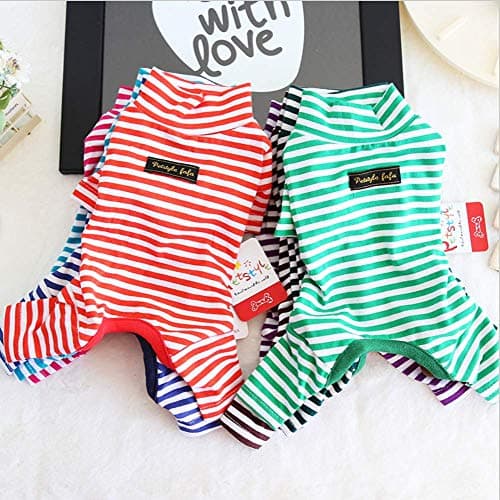 Hdwk&Hped Soft Cotton Dog Pajamas for All Seasons, Striped Pet Bottoming Jumpsuit for Small Dog Cat Puppy (#5, Striped Style - 2-Pack(red&Dark Green)) — view 4