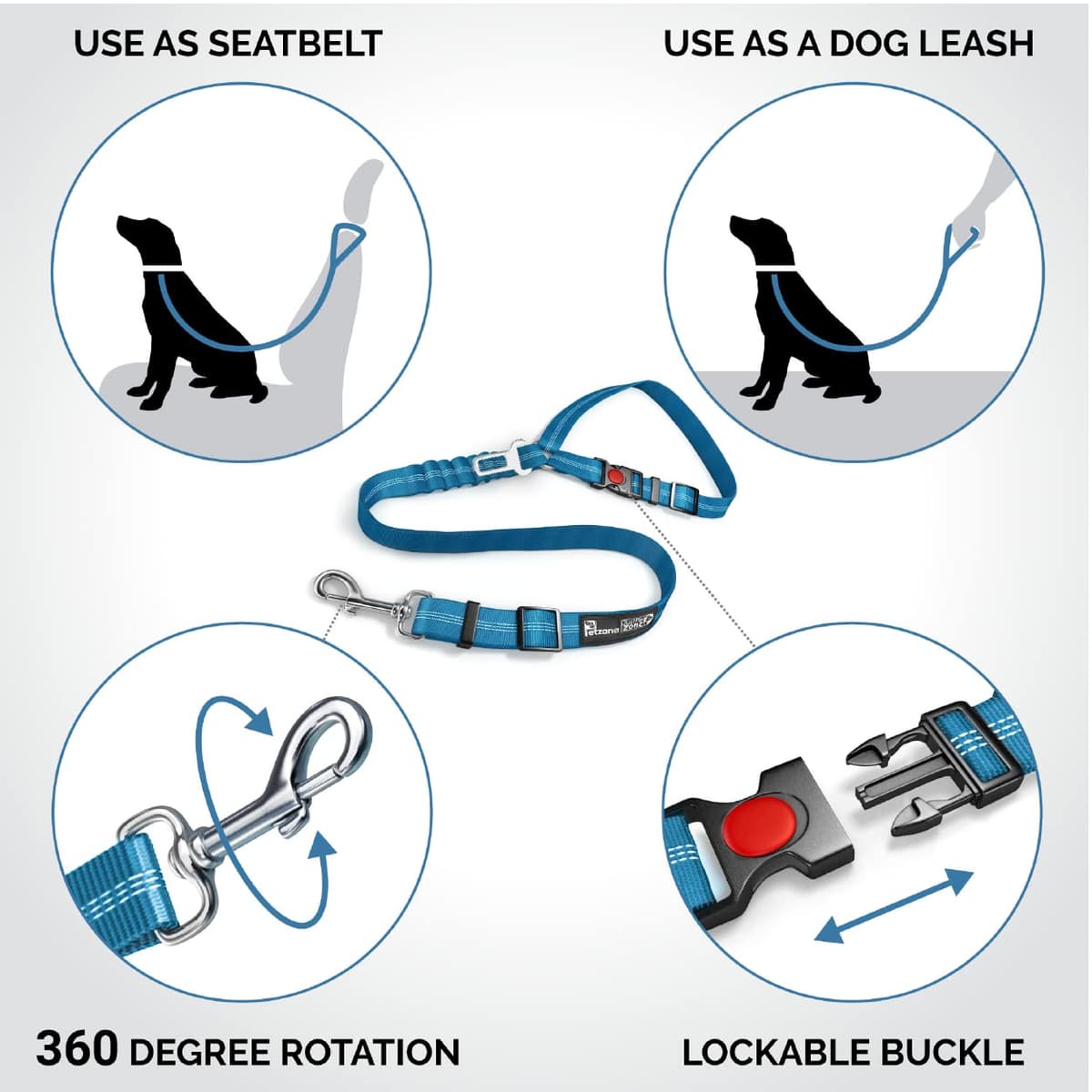 Comfortable Dog Seat Belt Harness for Car - 2-in-1 Leash and Restraint Secures to Headrest. Adjustable Bungee, Strong, Durable, 360 Degree Swivel Attach Won't Twist, Reflective, Easy to Use (Blue) — view 3