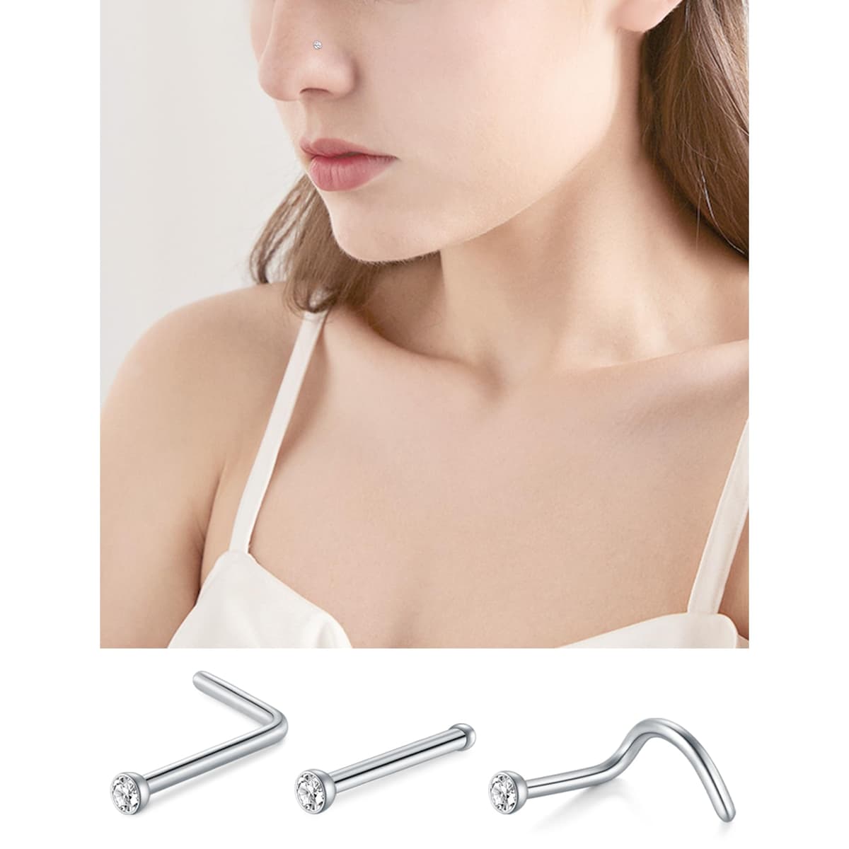 AVYRING Nose Rings Hypoallergenic Stainless Steel L-Shaped Nose Stud Screws with Cubic Zirconia Nose Piercing Jewellery 22G 20G 18G, Pack of 18 Pieces or 24 Pieces — view 8