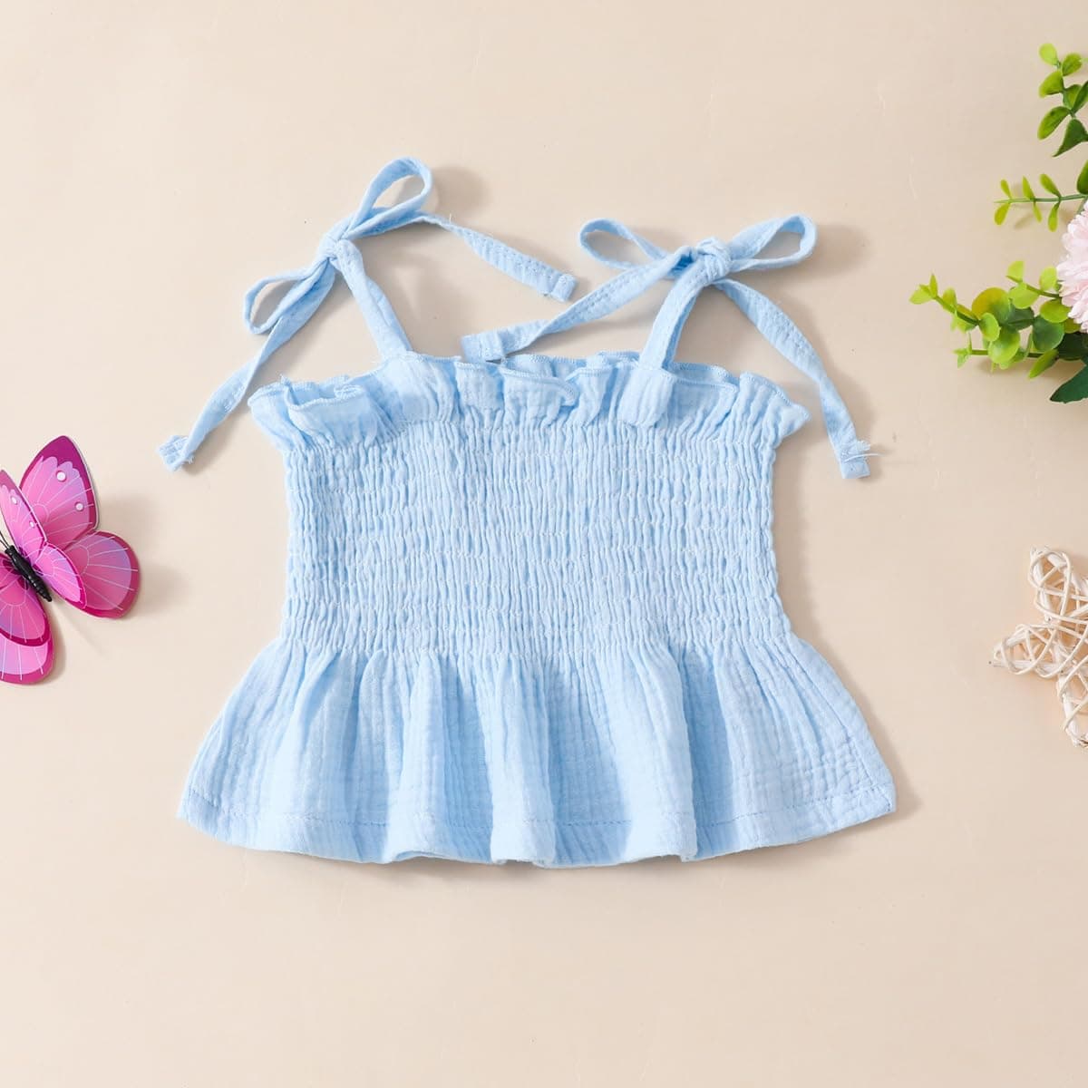 Conjunto Verano para Niñas Pequeñas Color Liso/Cuadros Sin Mangas Con Volantes Camisetas y Pantalones Anchos de Lino Ropa Infantil de Primavera — view 2