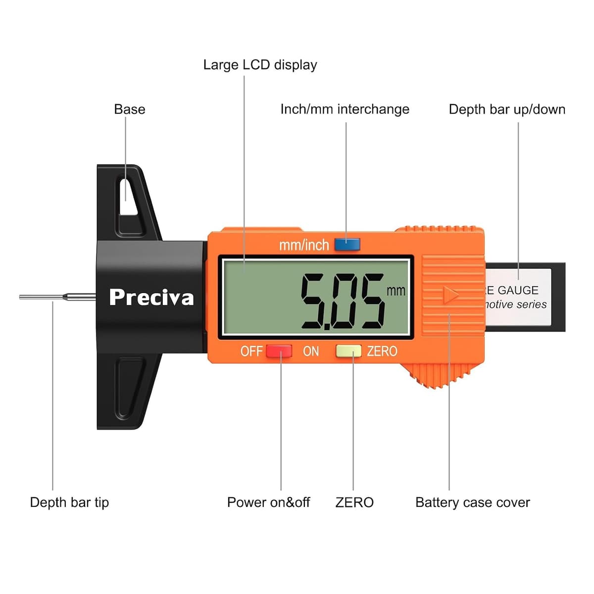 Preciva 2pcs Tyre Tread Depth Gauge, 0-25.4 mm/Inch Digital Precision Tire Surface Checker UK Measuring Tool with Large LCD Screen for Cars, Trucks, Motos, Orange 2 Orange — view 5