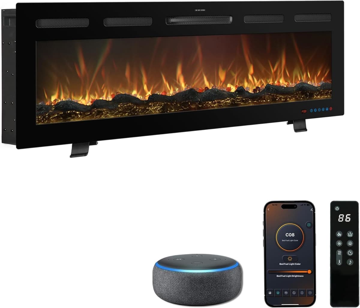 Chimenea Eléctrica Galaxy Pro con WiFi, Alexa y Google Home | Empotrar, Pared o de Pie | 750/1500W | 13 Colores Llama LED | 5 Niveles de Brillo | Sonido Crepitante | Sin Humo | Termostato | 152 cm — view 4