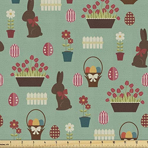 Ambesonne Easter Fabric by The Yard, Repeating Conceptual Chocolate Bunny Flowers Eggs and Tulip Flowers, Decorative Fabric for Upholstery and Home Accents, 1 Yard, Laurel Green Multicolor