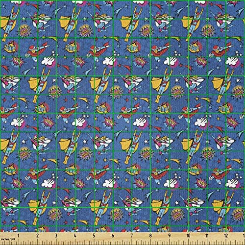 Lunarable Superhero Fabric by The Yard, Flying Superhumans Male Female Super Heroine Fiction Comics Graphic, Stretch Knit Fabric for Clothing Sewing and Arts Crafts, 1 Yard, Yellow Blue