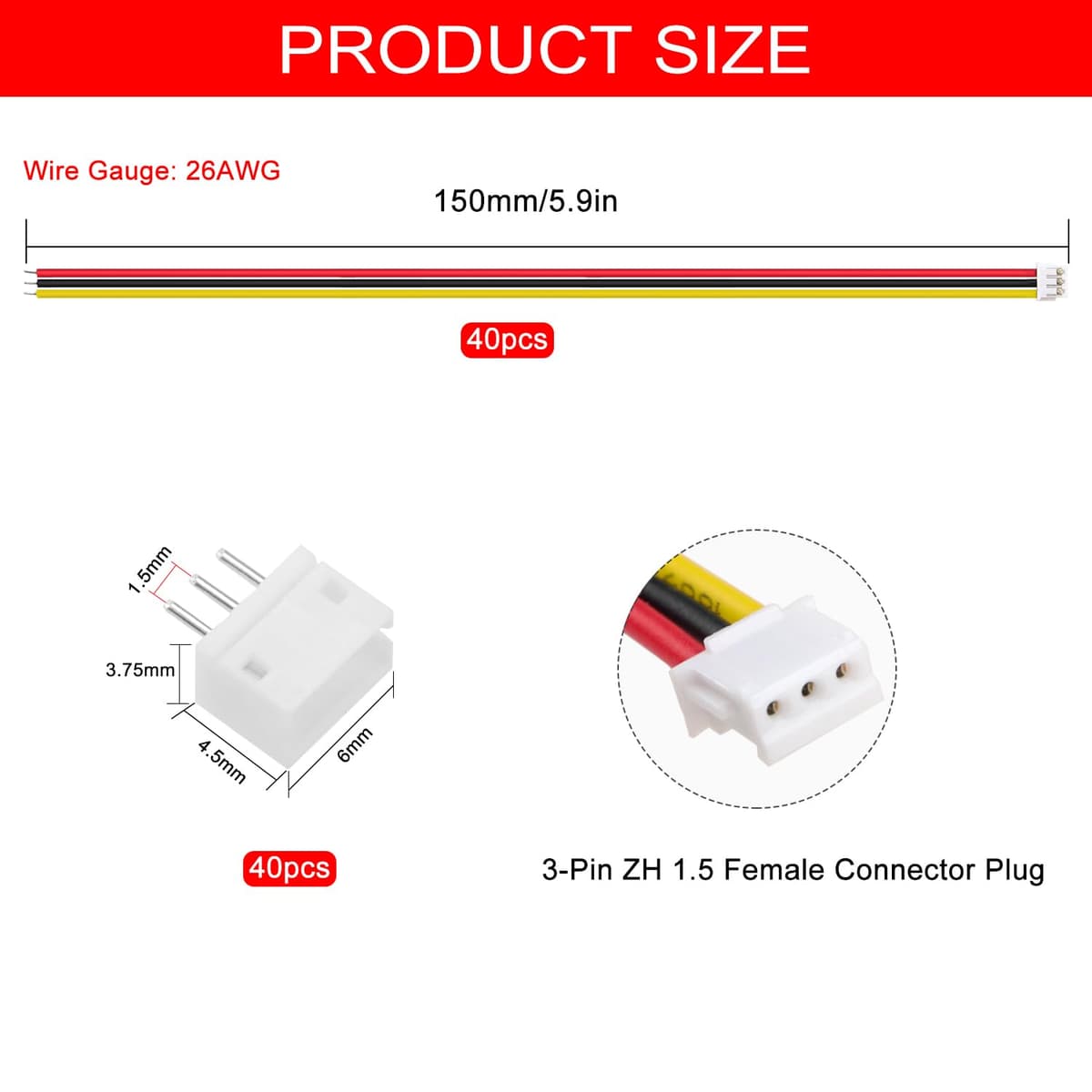 40 Juegos Conectores JST 1.5 ZH, Mini Micro JST ZH 3 Pin Conector Macho con Cable de 150mm 26AWG y Hembra — view 2
