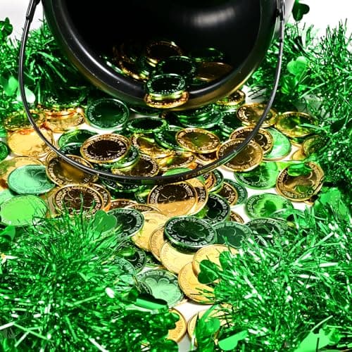 EnriQ 202 Pcs St Patrick's day 8" Black Cauldron Candy Kettle with 200 Lucky Coins for St Patty Decorations St. Patricks Day Party Favor — view 5