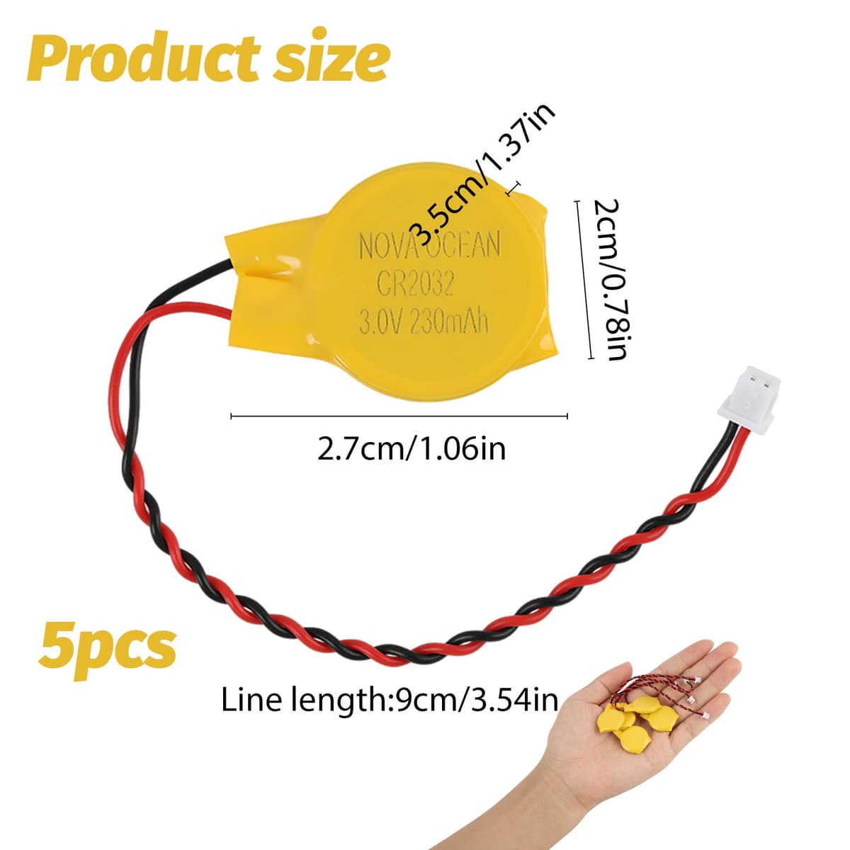 5 Pila Botón Litio CR2032 3V con Pestañas de Soldadura 240mAh – Batería no Recargable UL Certificada para Placa Base PC Portátil, Separador de Fibra de Poliéster — view 2