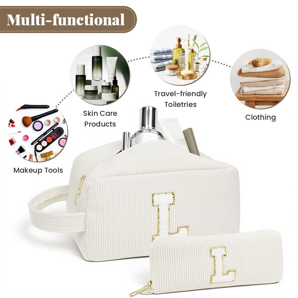 Set Neceser Mujer Personalizado Inicial, 2 piezas Neceser de Maquillaje de Pana, Bolsa de Cosméticos de Viaje, Bolsa de Aseo con Letra, Regalo para Mamá Mujeres Novias Mejores Amigas (Beige - L) — view 4