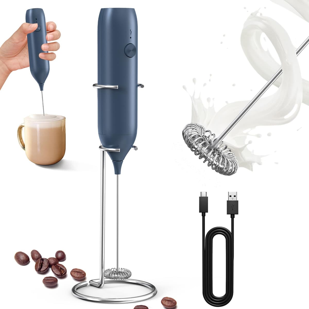 CIRCLE JOY Electric Milk Frother Handheld, Rechargeable Coffee Frother with Dual Spring Whisk, Portable Hand Frother Wand Drink Mixer for Coffee, Hot Chocolate, Cappuccino, Frappe, Matcha, Black — view 10