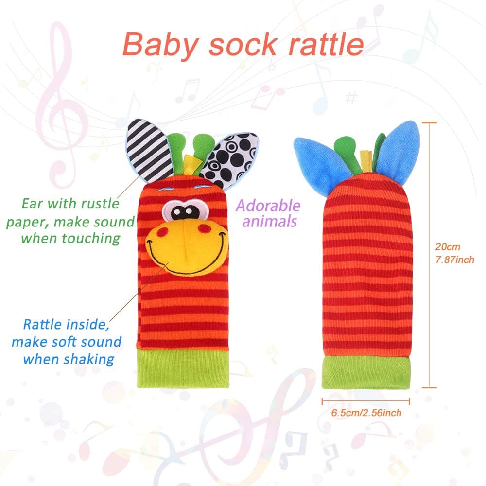 Sonajero Calcetines y Muñequeras para Bebé, Sonajero Toys con Buscador de Muñeca y Pie Juguetes de Animales Suaves y Bonitos para Recién Nacidos Niños Bebés (2 Pulseras y 2 Calcetines) — view 6