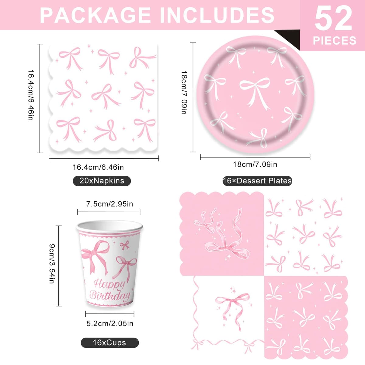 Bikasun Pink Bow Party Tableware Set, Princess Children's Birthday Tableware, Cups, Napkins, Paper Plates for Girls Women Party Supplies, Serves 16 — view 2