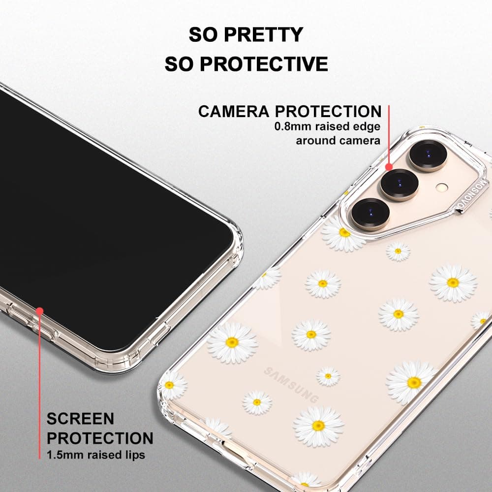 MOSNOVO Case for Samsung Galaxy S25 / Galaxy S24, [Buffertech 6.6ft Military-Grade Drop Protection] [Anti Peel Off Tech] Clear TPU Bumper Phone Case Cover Design - White Daisy — view 4