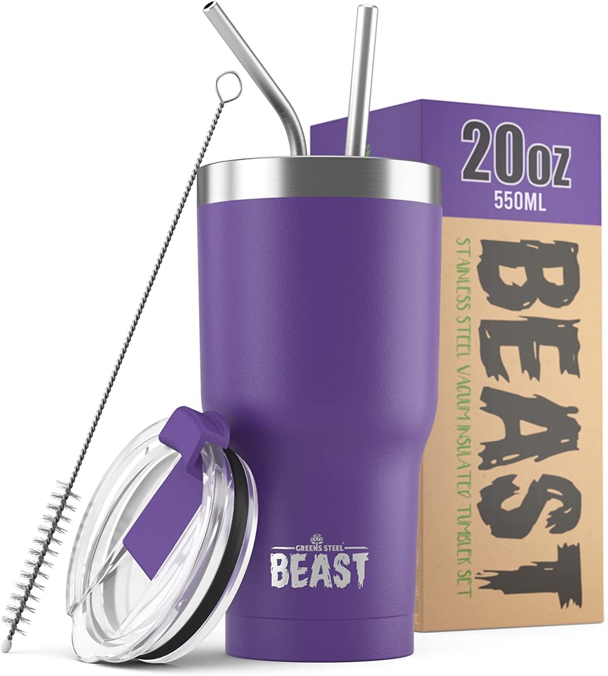 Greens Steel Beast Tumbler – 550 ml (20 oz), Coral | Vaso de acero inoxidable reutilizable con aislamiento al vacío | con 2 pajitas y cepillo de limpieza | Termo de viaje de doble pared — view 30
