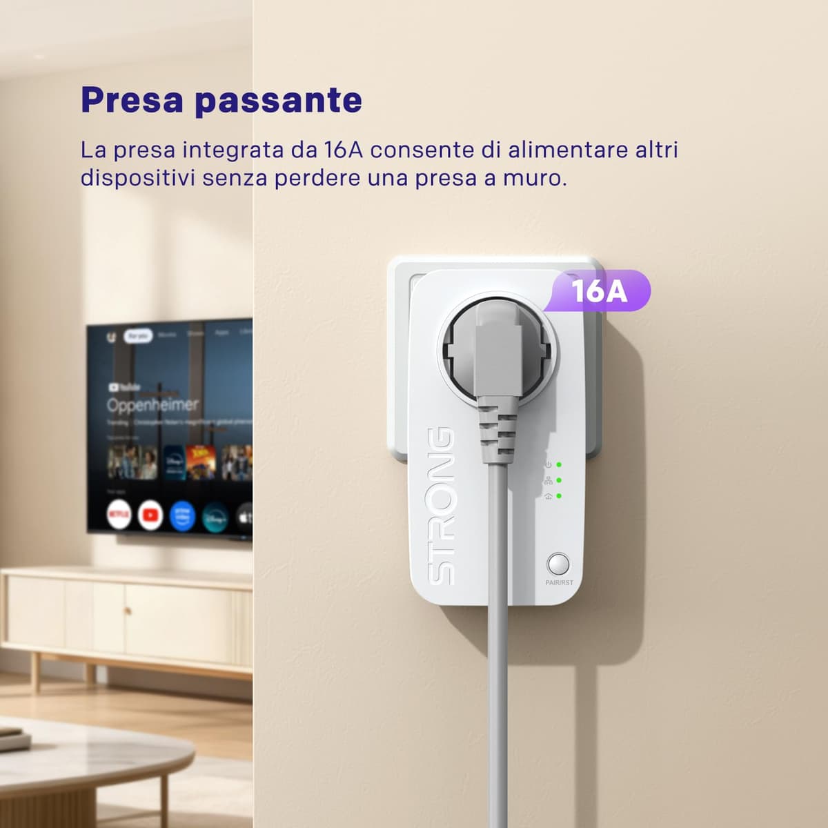 Strong AV600 Adaptador Powerline Set con Enchufe, PLC HomePlug AV2, Sin WiFi, Plug & Play, Enchufe Integrado, Modo de Ahorro de Energía, Puertos LAN 100 Mbit/s, Internet por Red Electrica (PL600S) — view 3