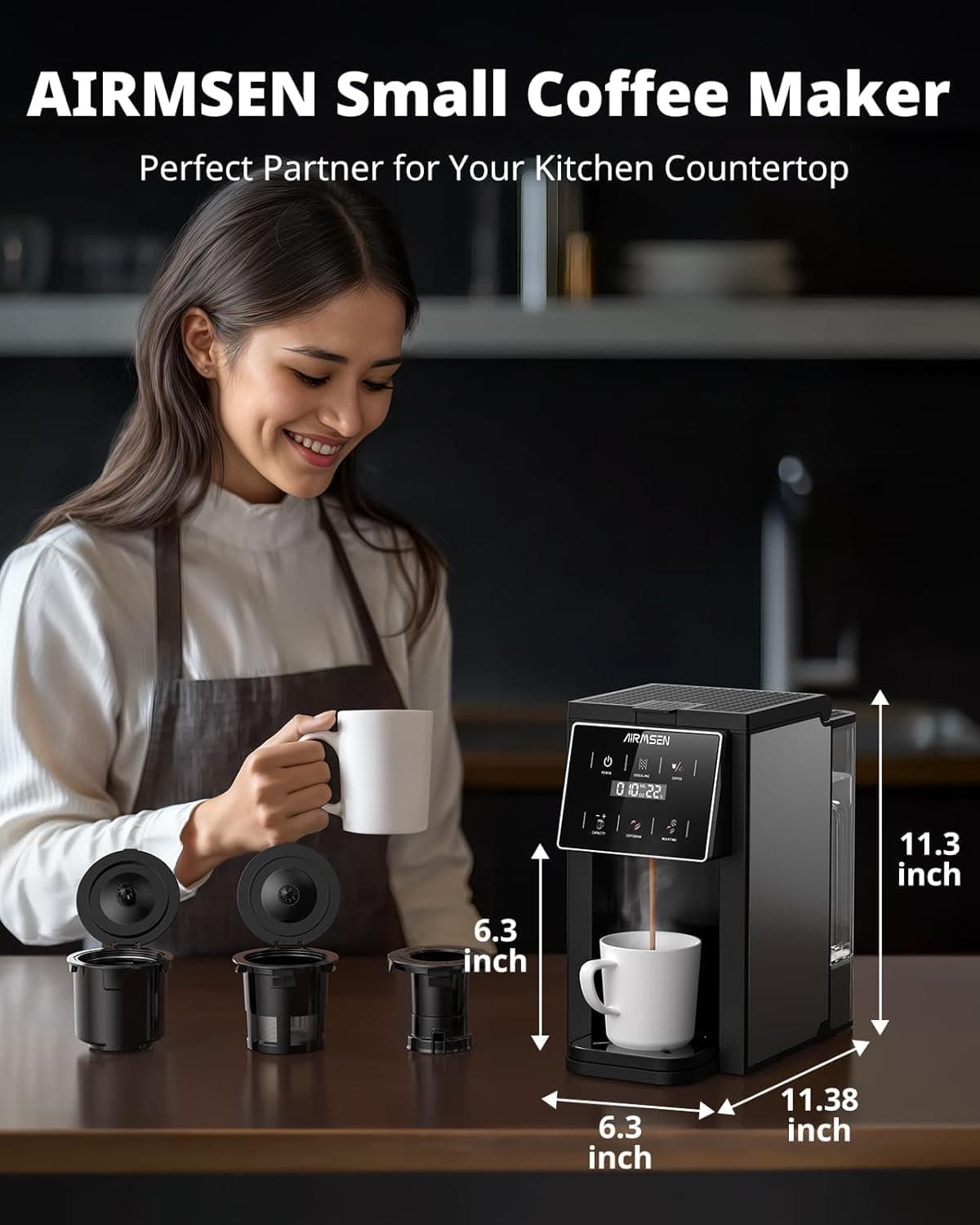AIRMSEN Grind & Brew Coffee Maker with Built-in Grinder (2026 Model) - Single-Serve, Compatible with K-Cup Pods & Ground, 1000W Fast 6-14oz Brewer, Descaling Alert, Touchscreen & 50oz Removable Tank — view 5