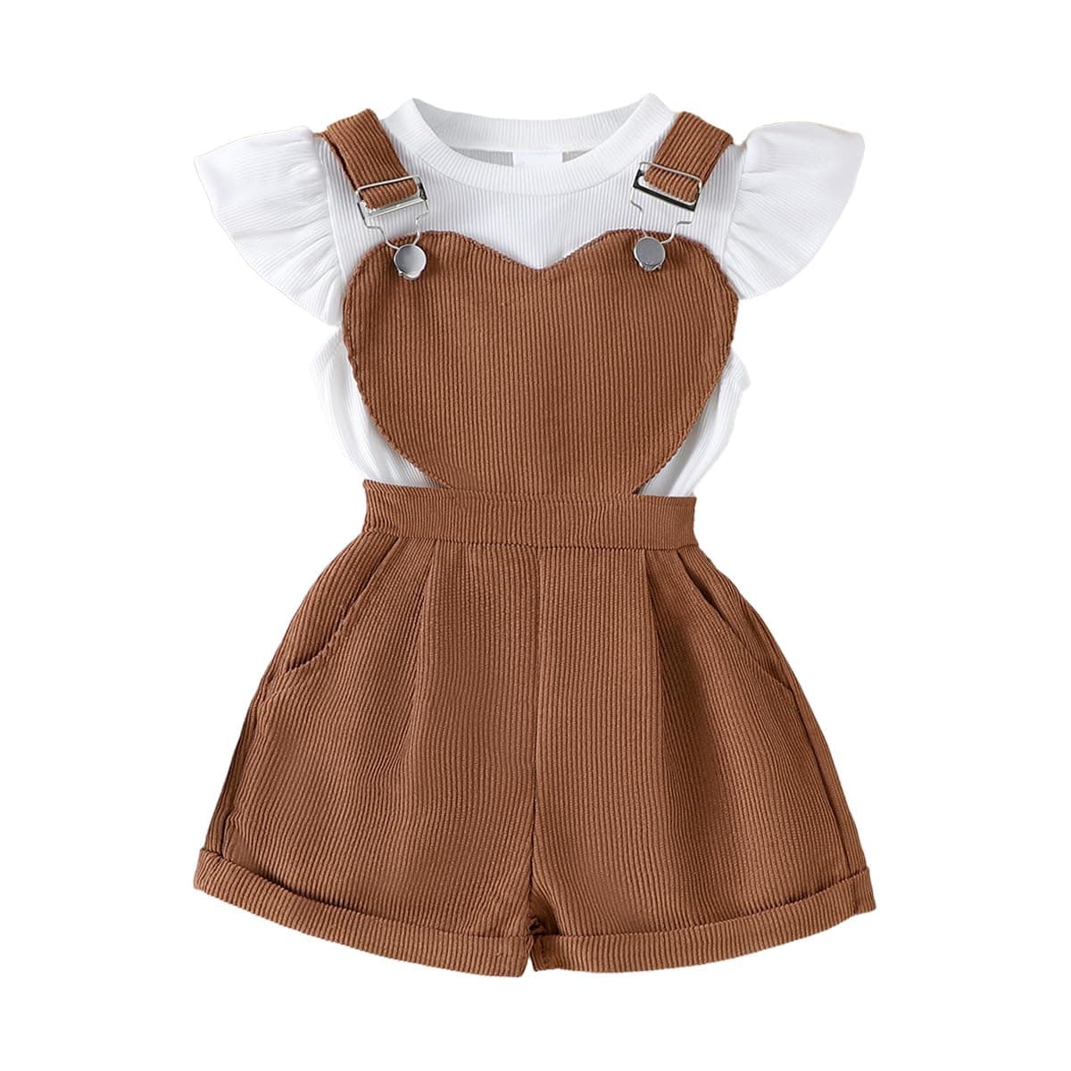Conjunto Bebé Niña Peto de Verano, Manga Corta Top Acanalado Con Volantes + Ajustable Estampado Floral/Corazones Peto Corto Primavera Conjuntos — view 10
