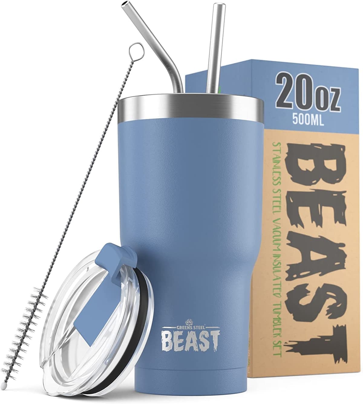 Greens Steel Beast Tumbler – 550 ml (20 oz), Coral | Vaso de acero inoxidable reutilizable con aislamiento al vacío | con 2 pajitas y cepillo de limpieza | Termo de viaje de doble pared — view 63