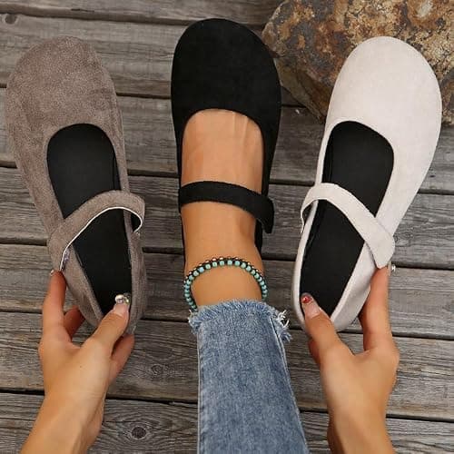 Women's Suede Mary Jane Round Toe Ballet Shoes, with Straps Lightweight Breathable Comfortable Dressy Shoe (Black,8.5) — view 2