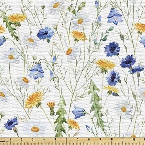 Ambesonne Flower Fabric by The Yard, Wild Flowers Poppies and Daisies Rural Nature Scenery in Meadows Rustic, Decorative Fabric for Upholstery and Home Accents, 2 Yards, Ivory Yellow