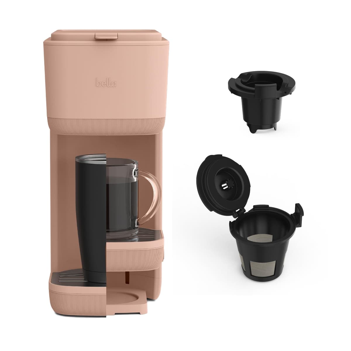 BELLA Single Serve Coffee Maker, K Cup & Coffee Ground Compatible with Removable, Adjustable Drip Tray, Auto Shutoff & Reusable Dishwasher Safe Accessories, Brews 6oz to 14oz, 1000 Watt, Oatmilk — view 12