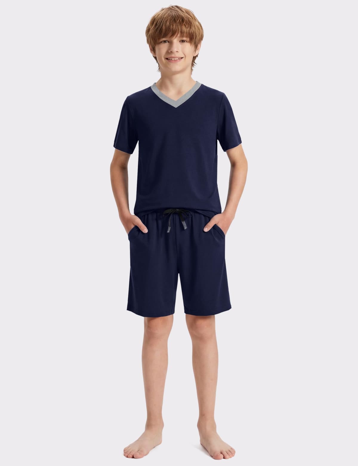 MoFiz - Pijama de niño de algodón con conjuntos de pijama corto, ropa de dormir con cuello en V, manga corta, pijama y pantalones cortos, 128 cm a 176 cm — view 2