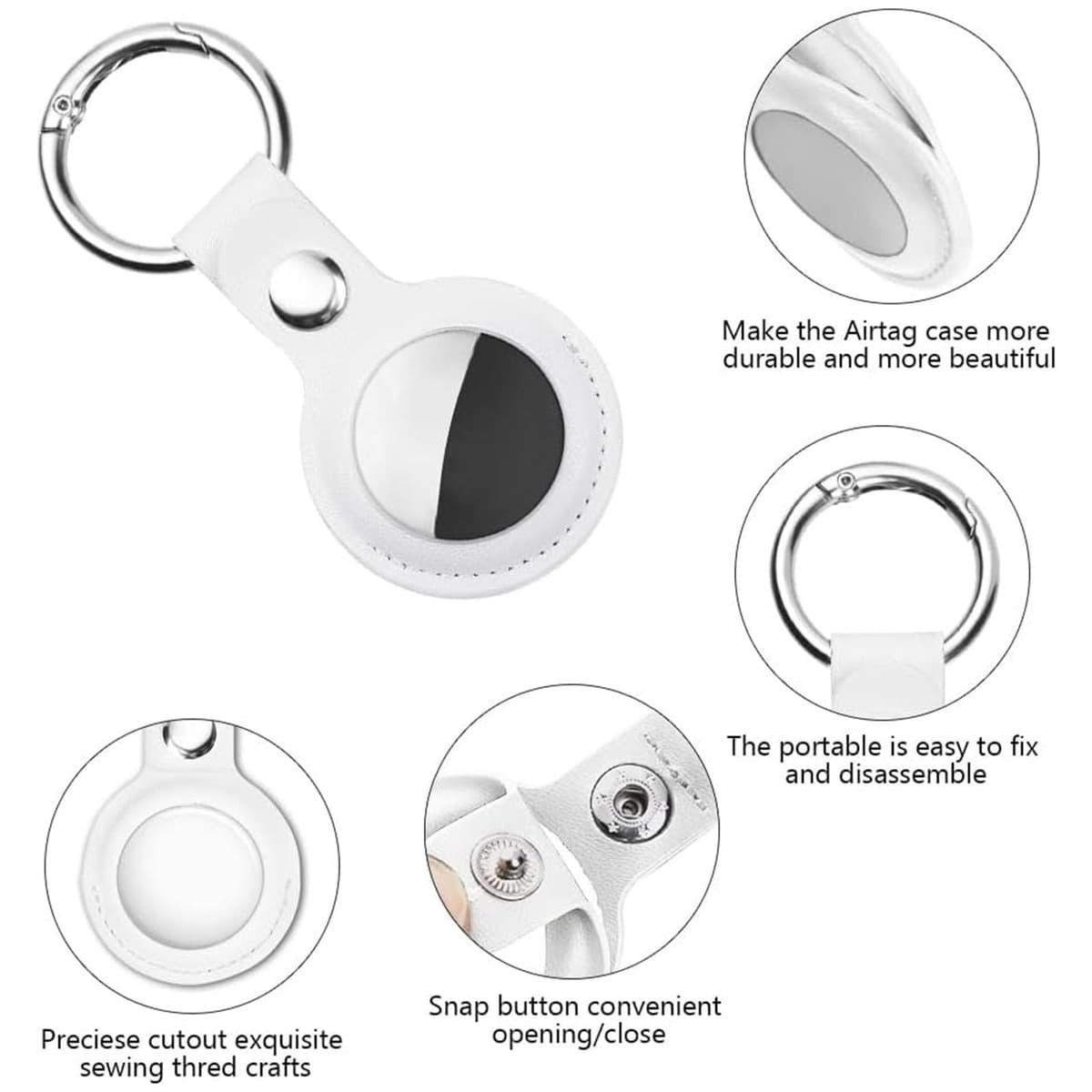 Ainiv Protective Case for Apple Airtags, 1 Pack White PU Leather Keyring Case, Tracker Cover for AirTags, Pet Dog Cat Collar Locator Tracker Cover, Key Finder Case for AirTag — view 3
