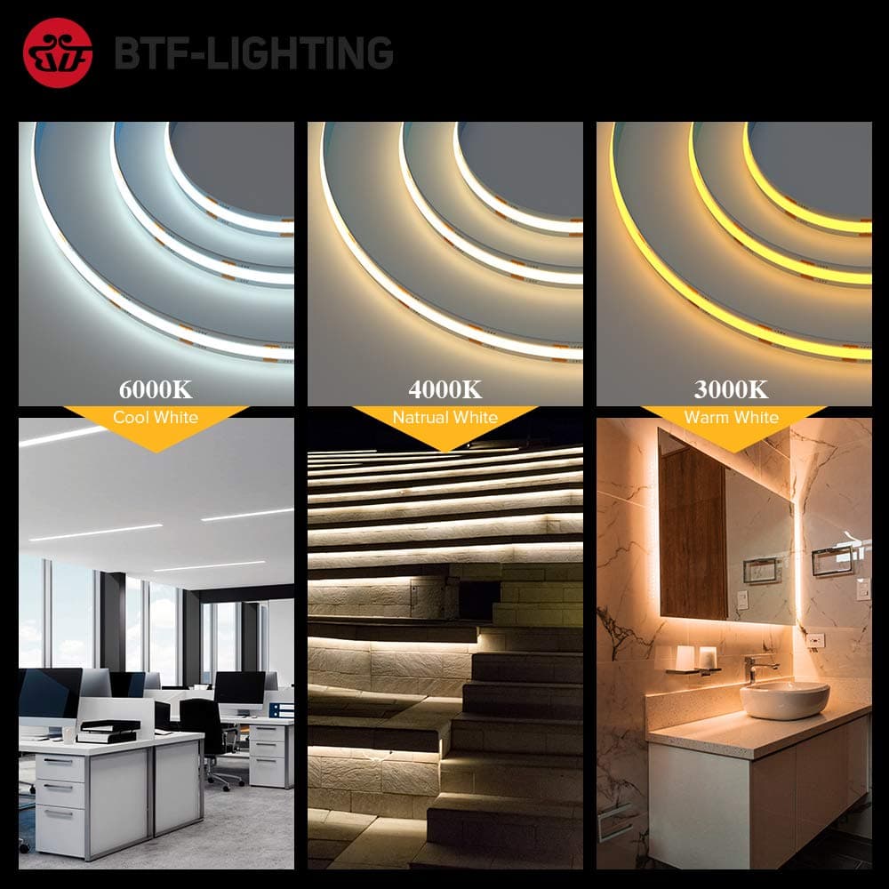 BTF-LIGHTING COB LED Strip Light 5M FCOB 336LEDs/M Flexible High Density Warm White 12V 8mm Width Dimmable Light Uniformity LED Tape for Bedroom Kitchen Home Interior Decoration(Only LED Strip) — view 3
