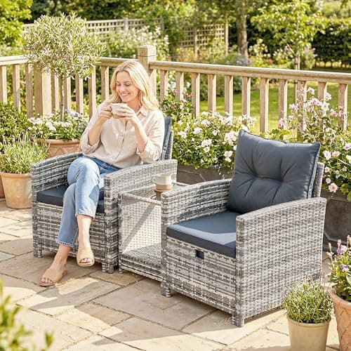 Outsunny 5 Piece Patio Furniture Set, Wicker Patio Chairs with Ottomans, 2-Tier Glass Coffee Table, Cushions, Outdoor Furniture Conversation Set for Balcony, Grey/Dark Grey — view 8