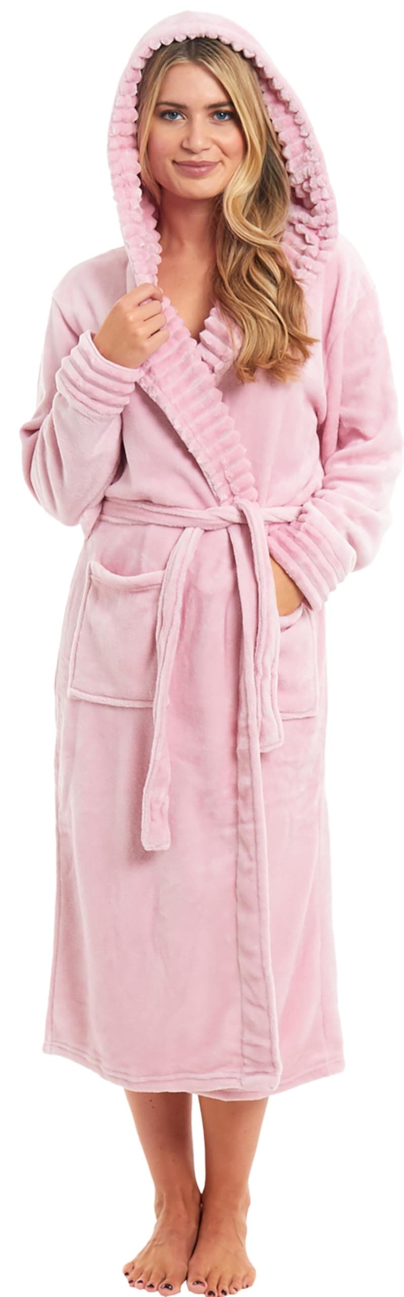 KATE MORGAN Ladies Dressing Gown Fluffy Super Soft Hooded Bathrobe for Women Plush Fleece Perfect Loungewear Long Robe | Gifts for Women — view 14