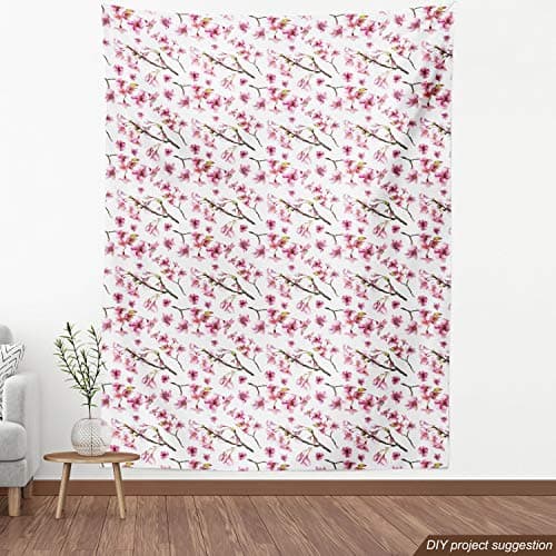 Ambesonne Cherry Blossom Fabric by The Yard, Watercolor Style Oriental Pattern with Sakura Branch, Decorative Fabric for Upholstery and Home Accents, 1 Yard, Green Pink — view 3