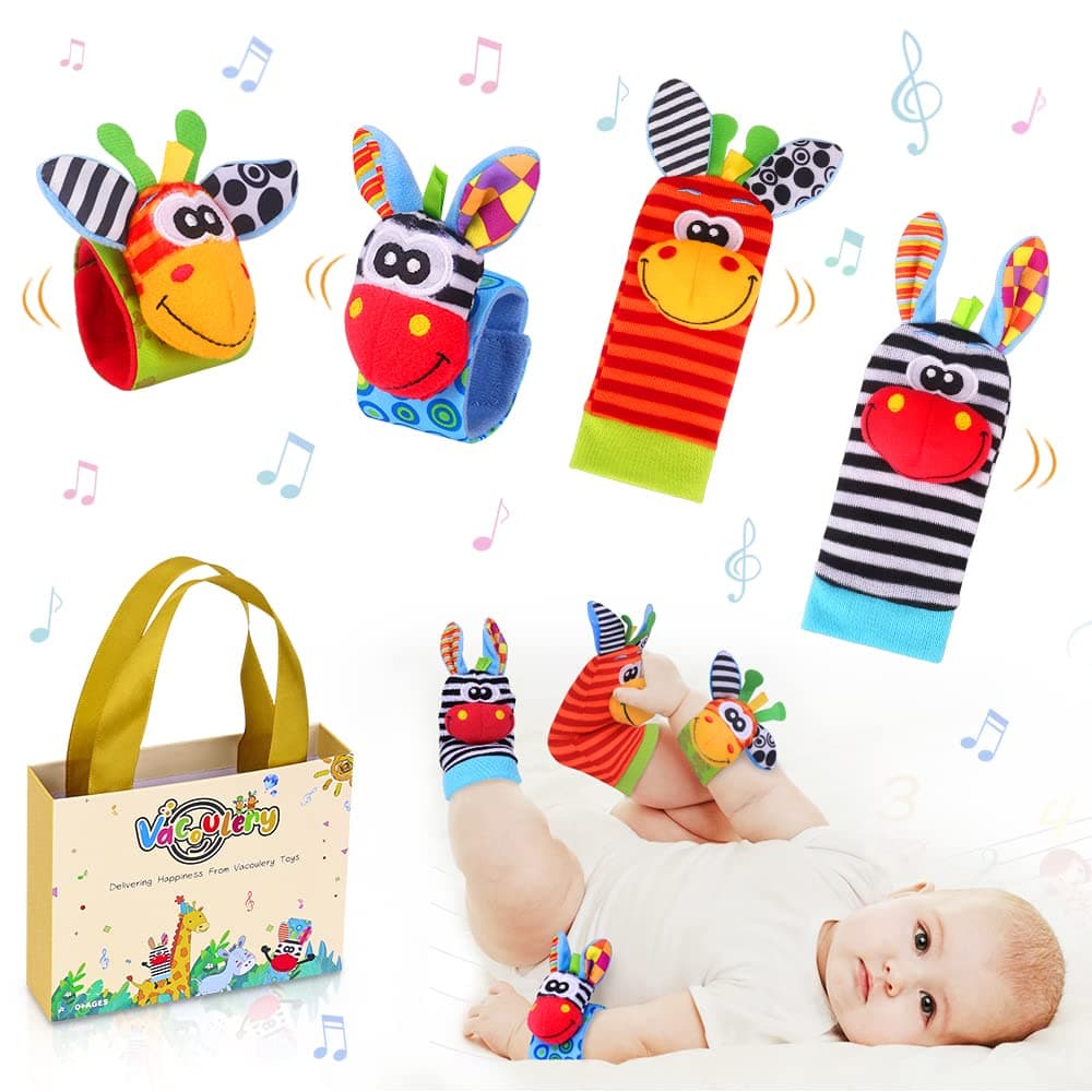 Sonajero Calcetines y Muñequeras para Bebé, Sonajero Toys con Buscador de Muñeca y Pie Juguetes de Animales Suaves y Bonitos para Recién Nacidos Niños Bebés (2 Pulseras y 2 Calcetines)