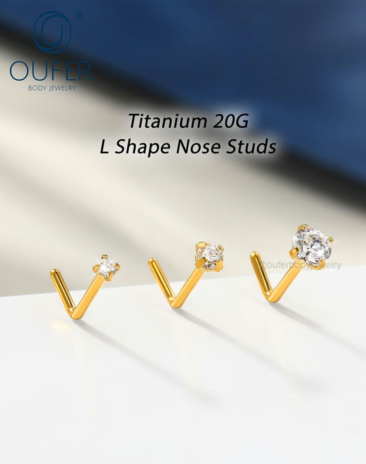 OUFER Body Piercing Nose Studs: 5PCS 20G Titanium Nose Bar L Shaped Nose Rings, 6 mm Gold Nostril Piercing Jewelry Cubic Diamond Thin Body Jewellery for Women — view 2