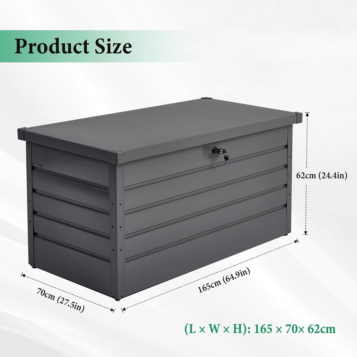 600L Extra Large Garden Storage Box Waterproof | Lockable Metal Garden Storage Box with Built-in Lock, XXL Outdoor Storage Unit for Cushion, Tools, Toys, 165x70x62 cm, Anthracite Grey — view 2
