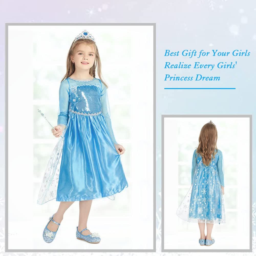 Vicloon Disfraz de Elsa para niña,vestido Elsa para niños, juego con corona de varita mágica, Halloween, Navidad, cumpleaños, fiesta, disfraz, disfraz de niña, azul — view 6